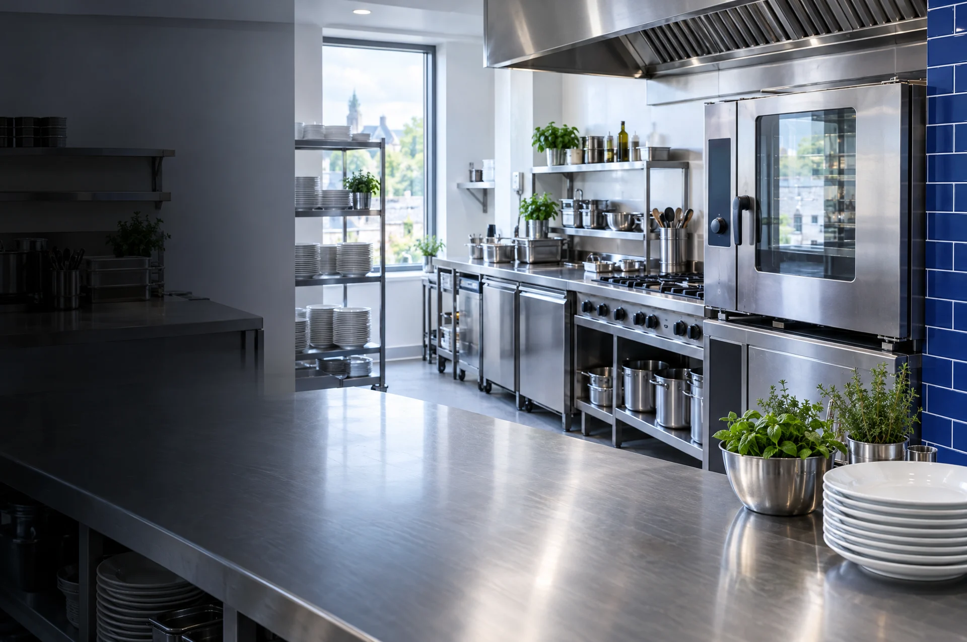 Illustrative commercial kitchen with stainless-steel equipment and preparation space